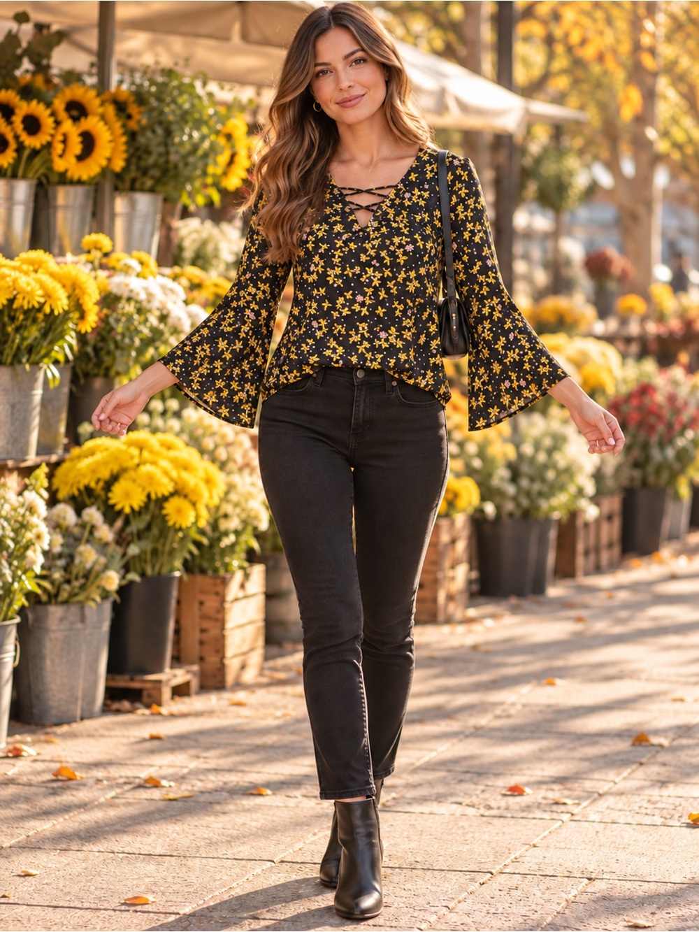 Zara Black & Yellow Floral Lace-Up Bell Sleeve Blouse